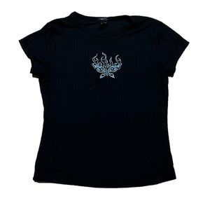 Rue 21 electric blue flame butterfly stitch design on black cotton blouse.